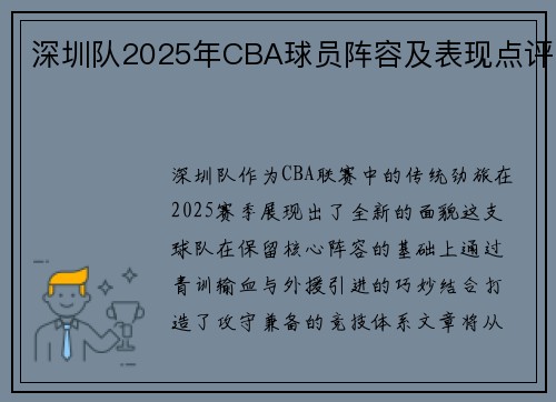 深圳队2025年CBA球员阵容及表现点评